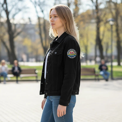 MAKSIGOR вишитий шеврон Донецька область на чорній джинсовій куртці на дівчині в парку