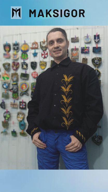 Men's branded shirt with embroidery. Golden Ears of Wheat.
